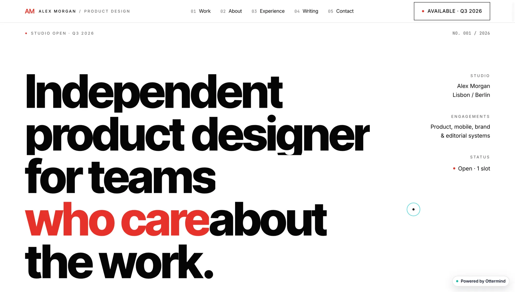 Alex Morgan product designer portfolio with oversized black and red typography