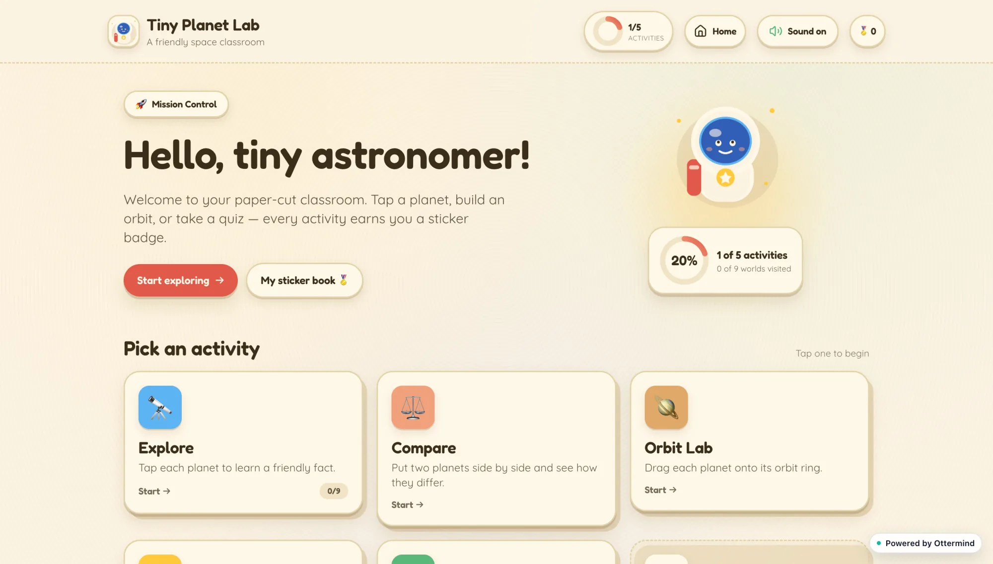 Tiny Planet Lab children's astronomy learning dashboard with activity cards