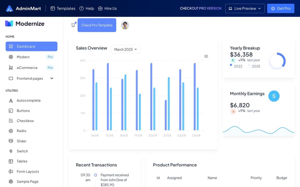 Modernize Free React MUI Dashboard