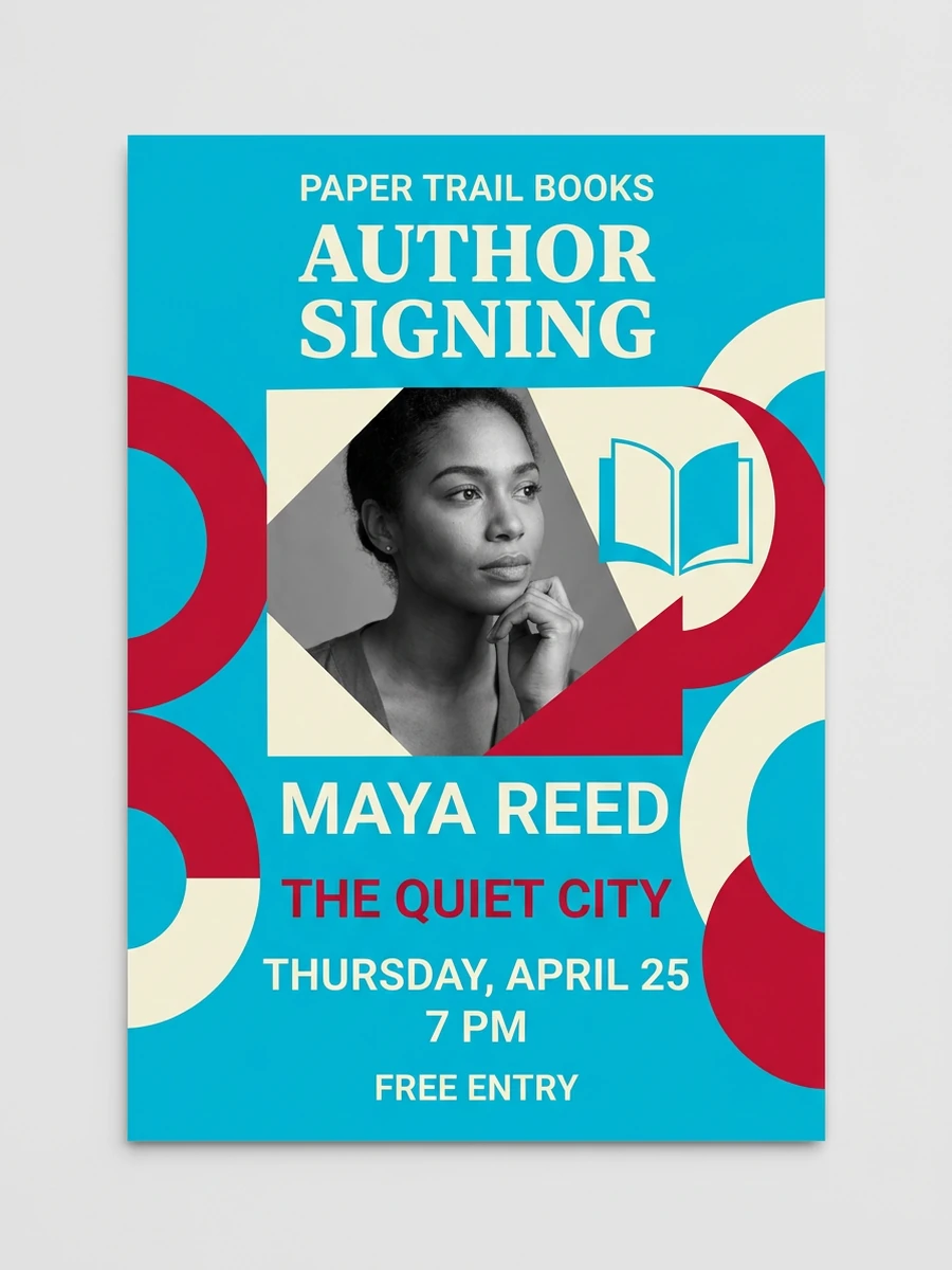 Tek renk portre ve kitap grafiği bulunan, Maya Reed imza günü için camgöbeği ve kırmızı el ilanı.