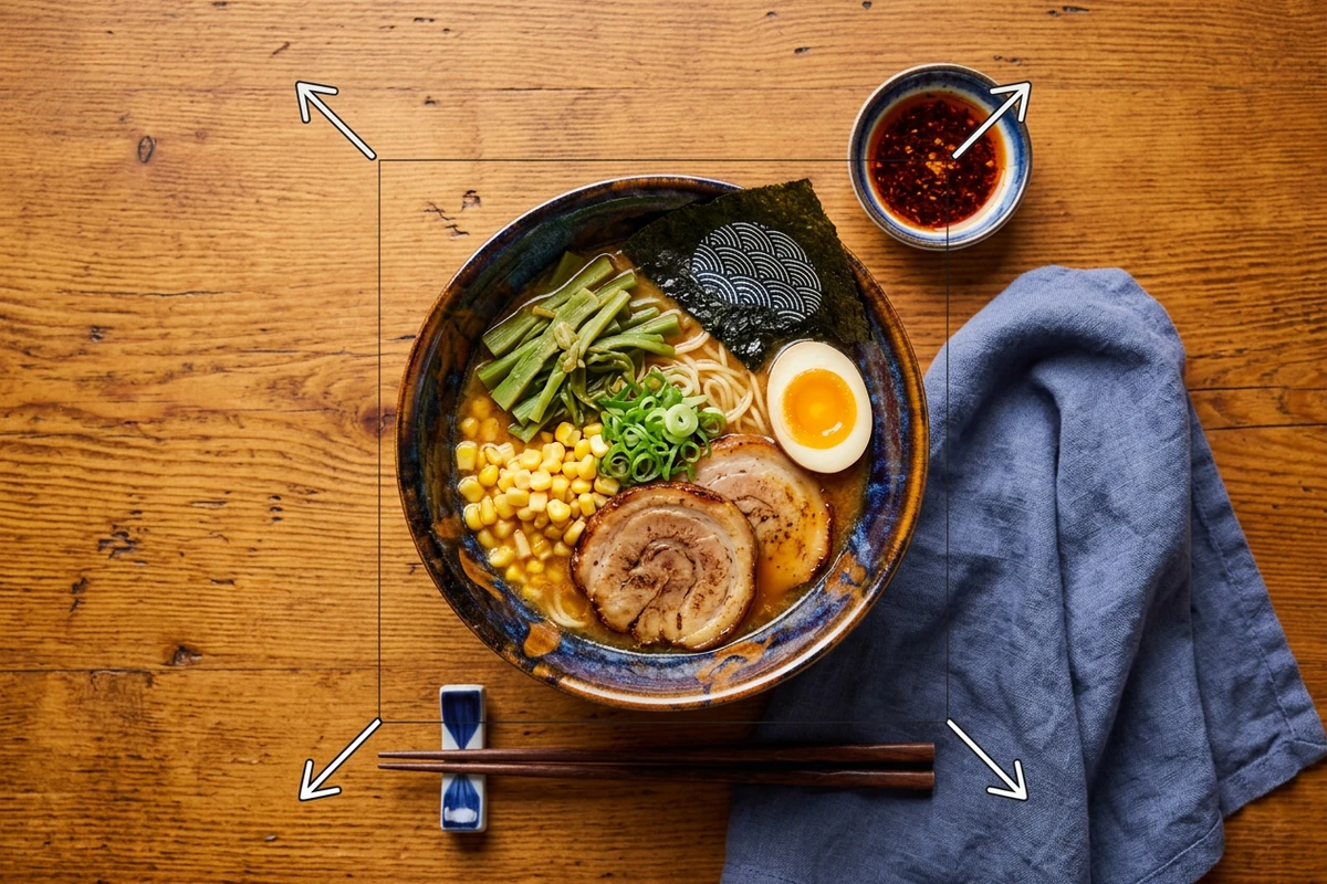 Overhead ramen bowl on a wooden table with visible arrows showing the canvas extended around it.
