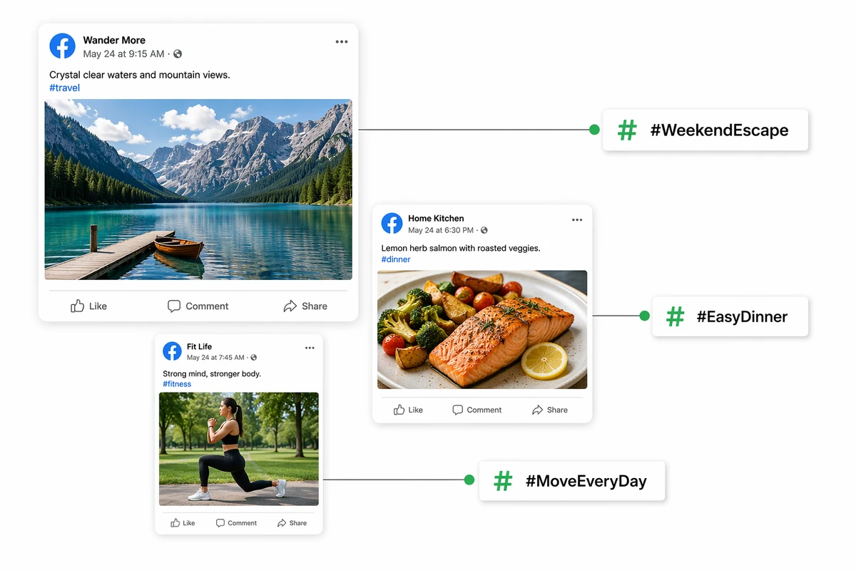 Travel, food, and fitness posts connected to distinct topic-specific hashtags