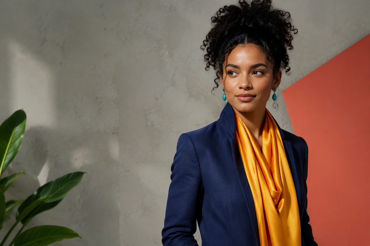 An editorial portrait with vivid clothing and background accents while skin tones remain natural.