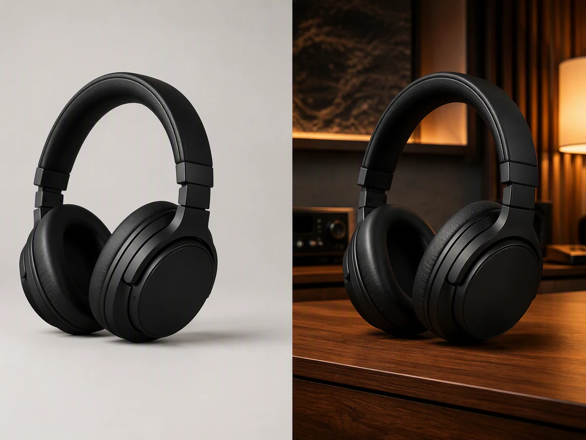 Matte black wireless headphones shown in a neutral studio and a warm walnut listening room
