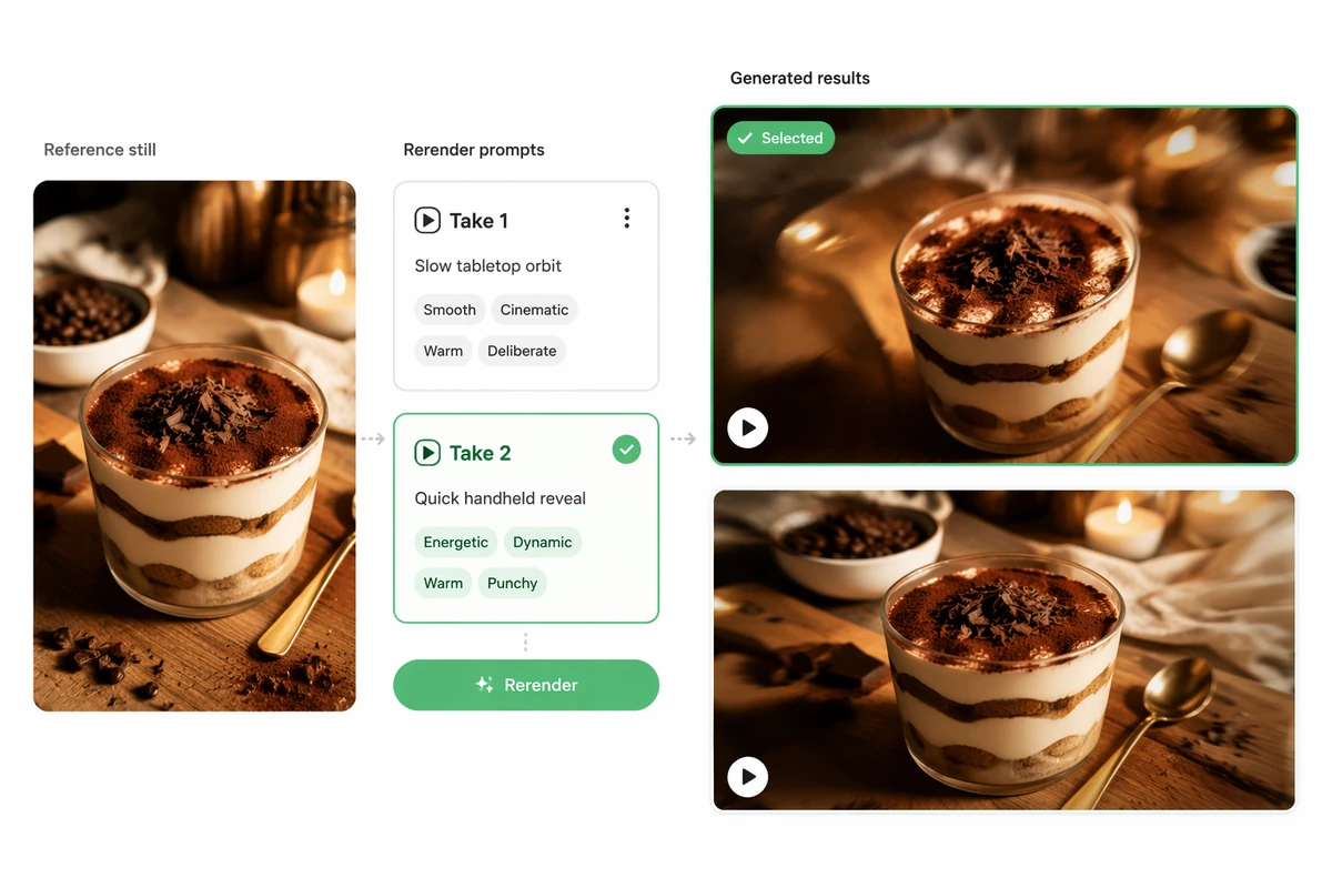 One reference image producing two distinct motion-directed video takes
