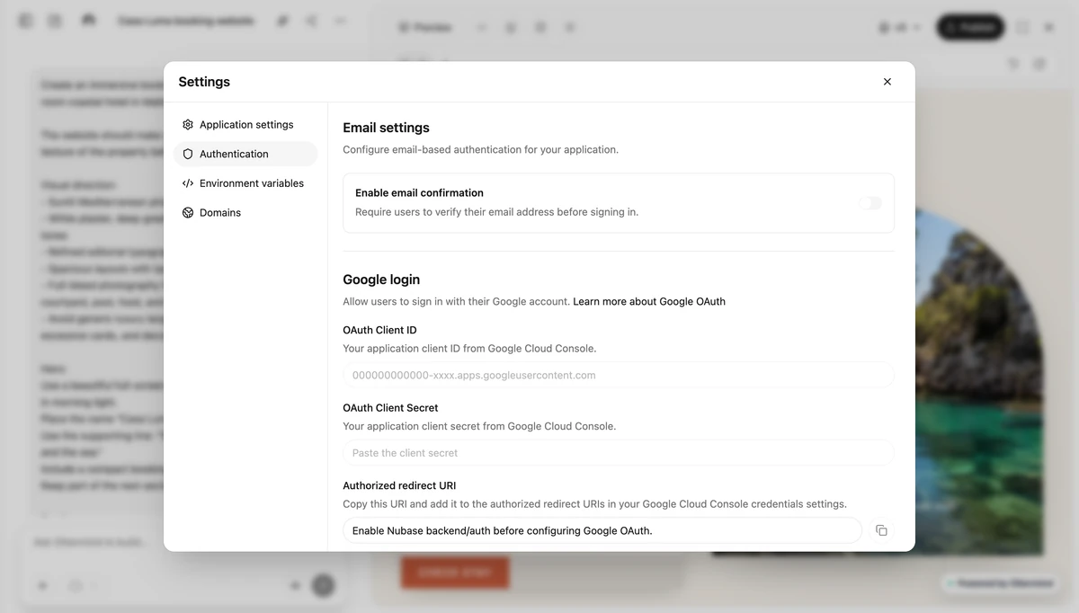 Ottermind settings for email confirmation, Google login, environment variables, and domains