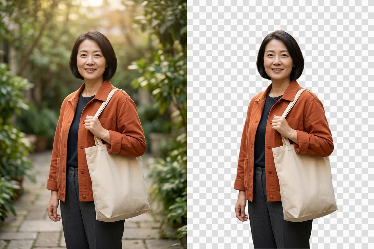 Woman in a rust jacket with a canvas tote, shown in a leafy courtyard and isolated against checkerboard.