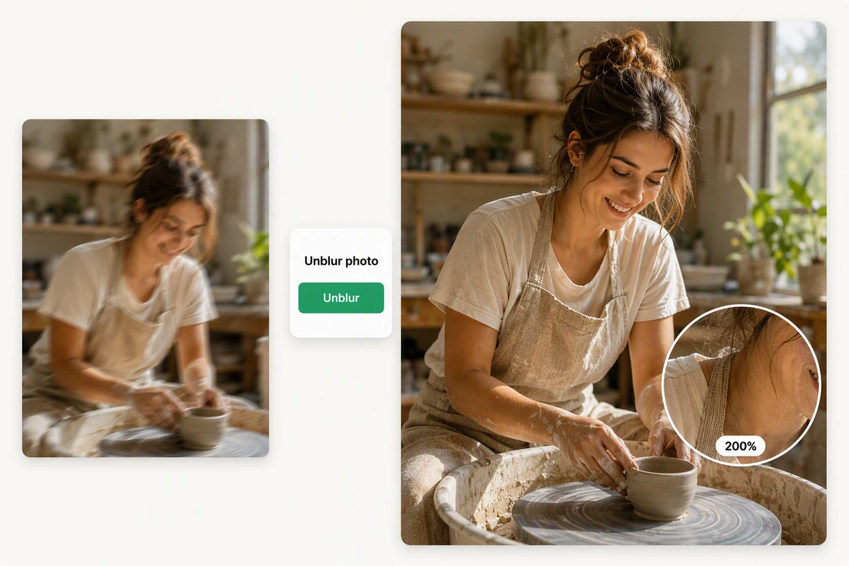 A motion-blurred ceramic artist portrait restored with clear natural facial, hair, apron, and clay detail