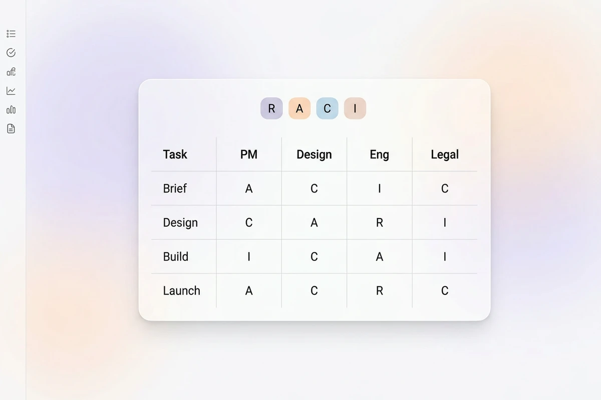 لوحة بيضاء ناعمة بجدول RACI: صفوف Brief–Launch وأعمدة PM وDesign وEng وLegal وخلايا R/A/C/I.