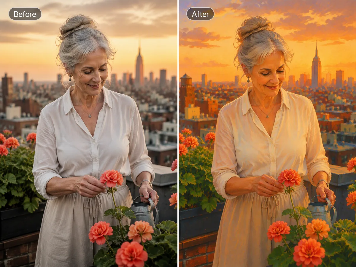 Before-and-after of an elderly woman gardening at sunset, photo left and hand-painted animation right.