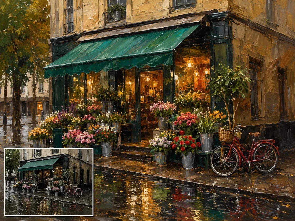 Before-and-after photo-to-oil-painting comparison of a rainy corner flower shop and red bicycle, with the original photo inset at bottom left.