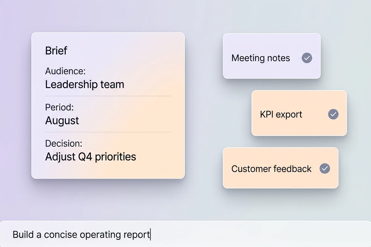 Report brief with audience, period, and decision fields beside included meeting notes, KPI export, and customer feedback sources.