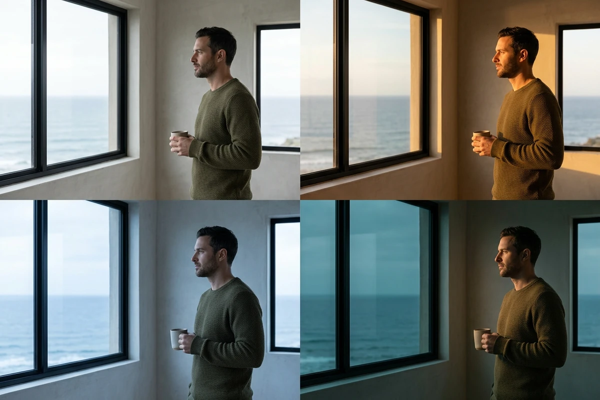 The same seaside loft portrait shown in neutral daylight, warm sunlight, cool light, and a moody teal setting.