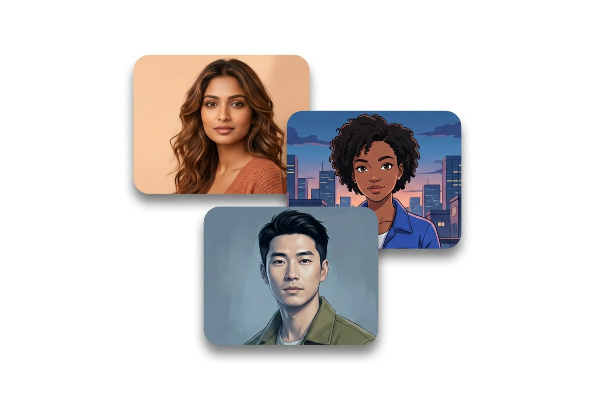 Três cartões de estilo sobrepostos com retratos fotorrealistas do Sul Asiático, anime negra e pintura do Leste Asiático flutuando em tela branca