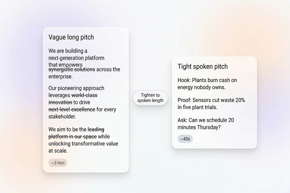 Üzeri çizili belirsiz uzun pitch ile sıkı Hook–Kanıt–İstek konuşma revizyonunu karşılaştıran bölünmüş yumuşak kartlar.