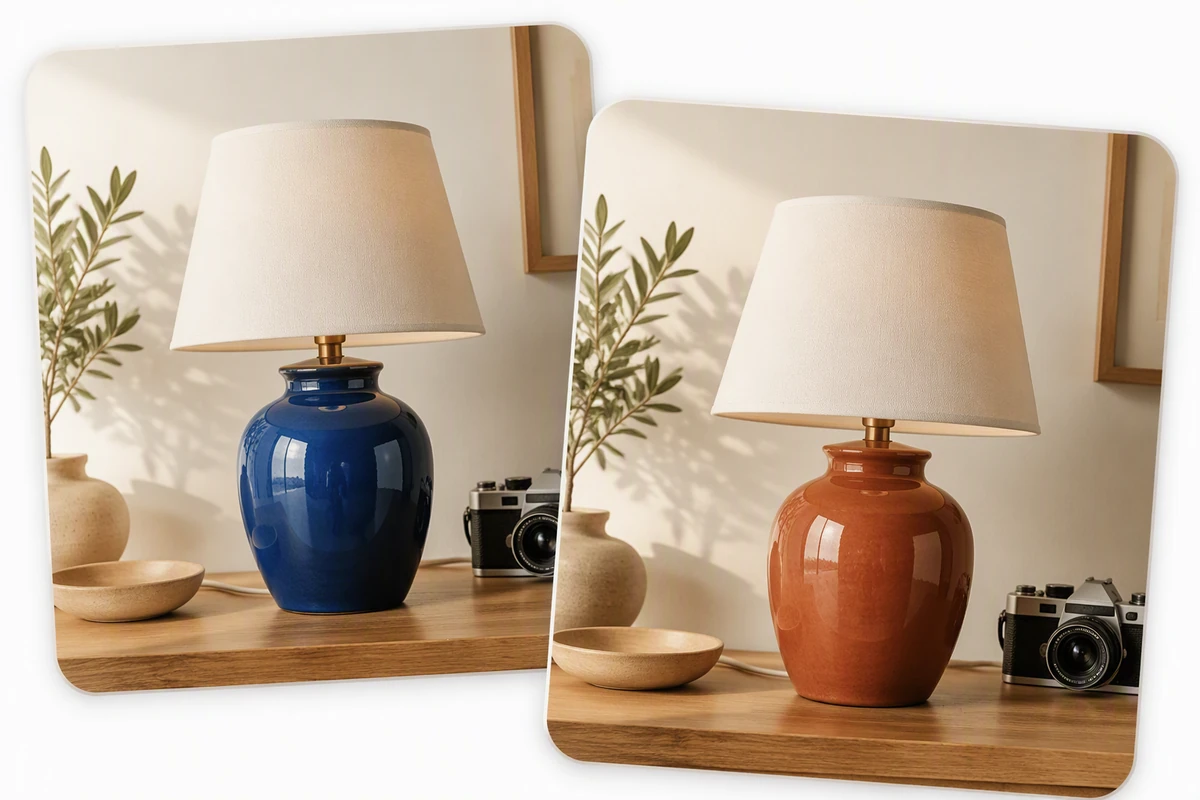 Matching room photos show a ceramic lamp changed from cobalt blue to terracotta while its surroundings stay the same.