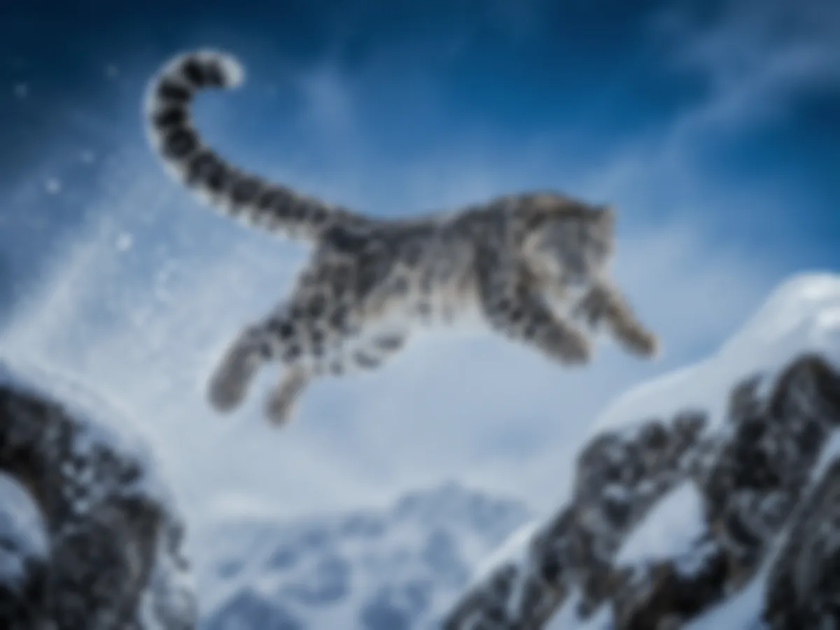Blurred snow leopard leaping between snowy mountain ridges in a wintry landscape.