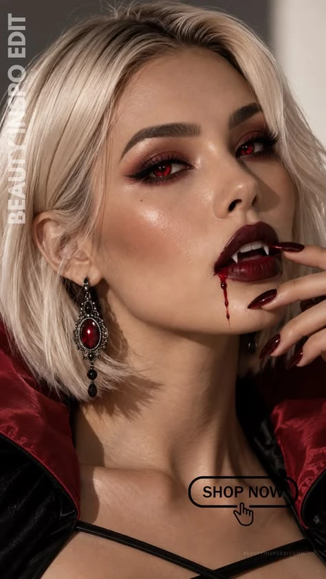 Red-eyed vampire with blood-red lips