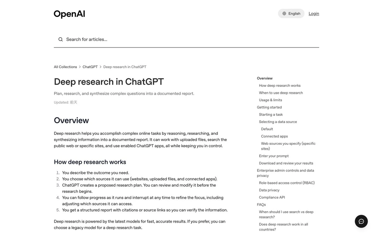OpenAI Deep Research help page describing research plans, source controls, citations, and structured reports
