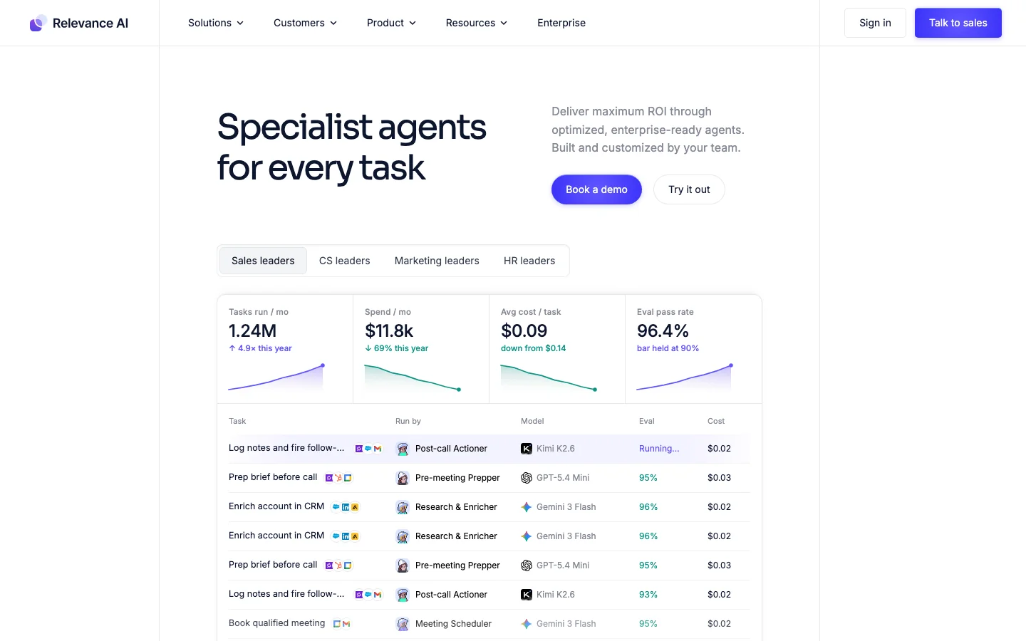 Relevance AI homepage showing specialist agents for business tasks