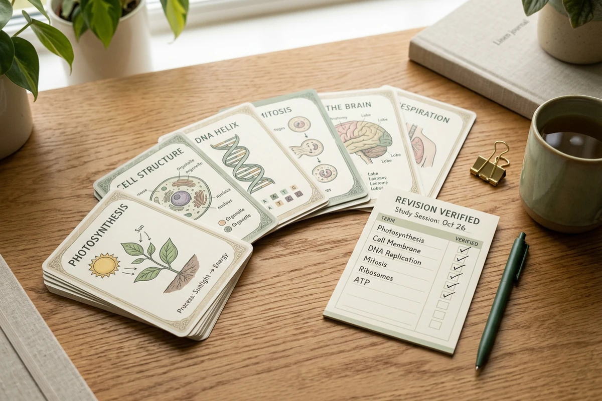 Baralho de flashcards ilustrados em leque com checklist marcando termos e legendas verificados