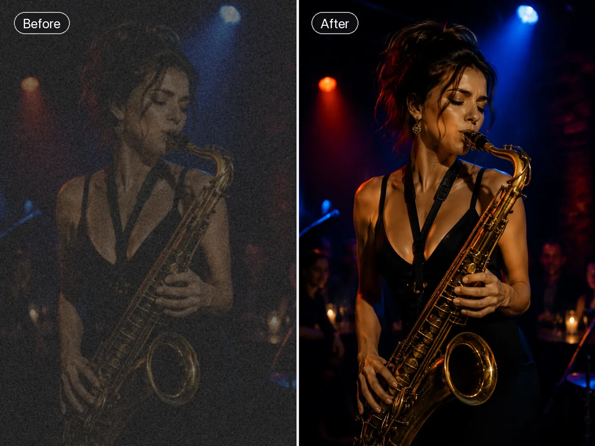 Before-and-after of a jazz saxophonist onstage, dark and noisy on the left and clear on the right.