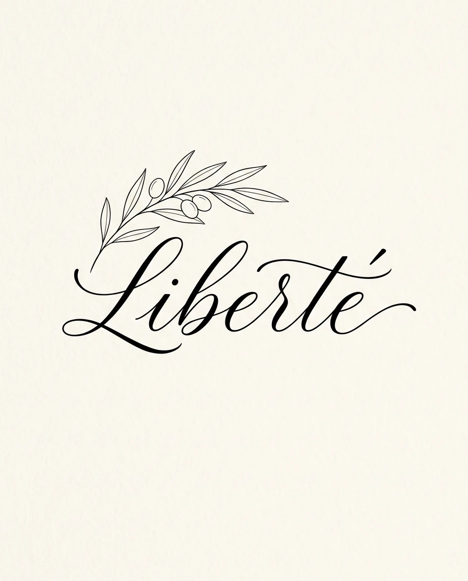 Mot Liberté en lettrage cursif noir accompagné d’un rameau d’olivier
