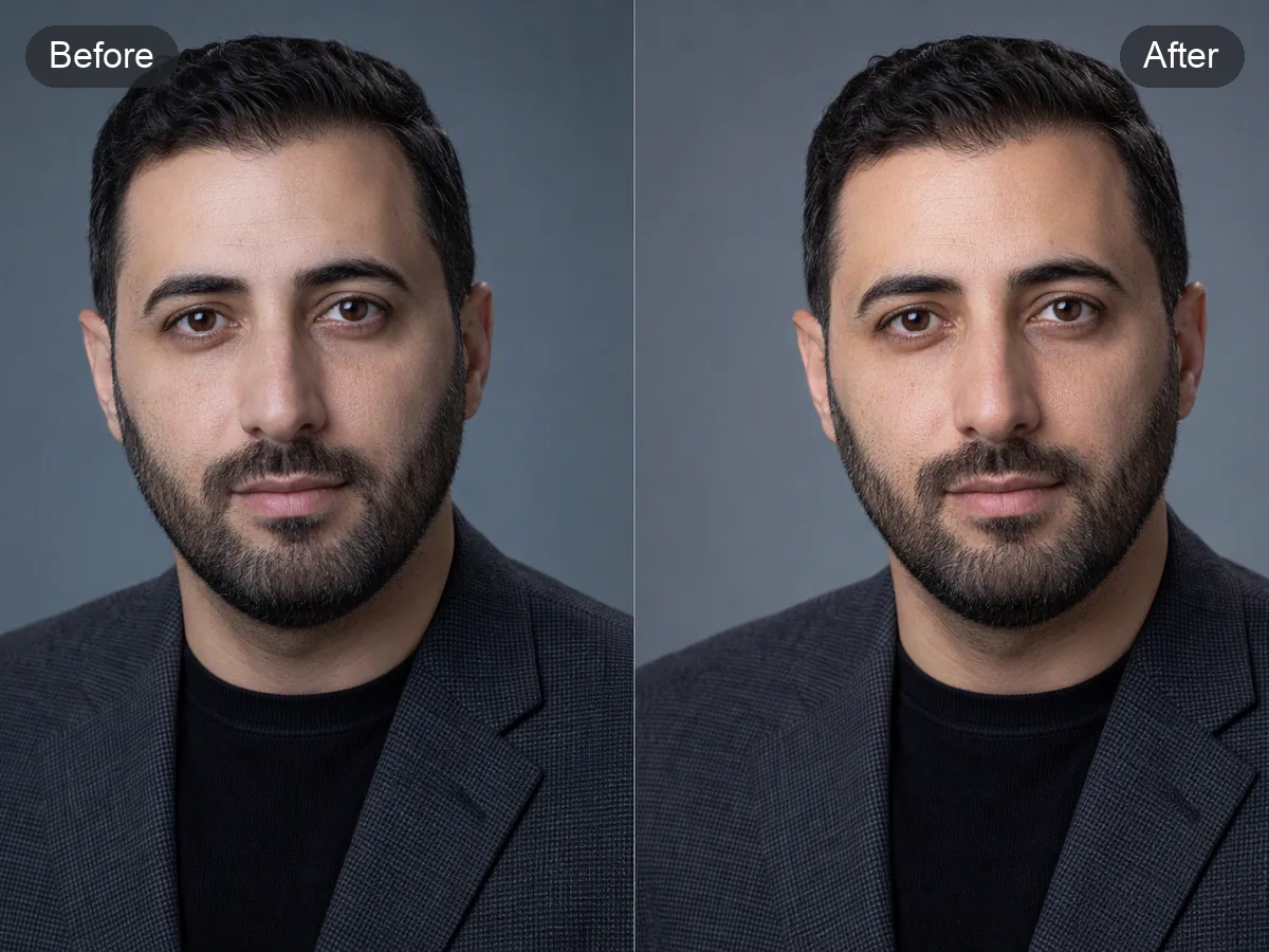 Before-and-after facial retouching comparison of the same man with restrained tone and skin cleanup