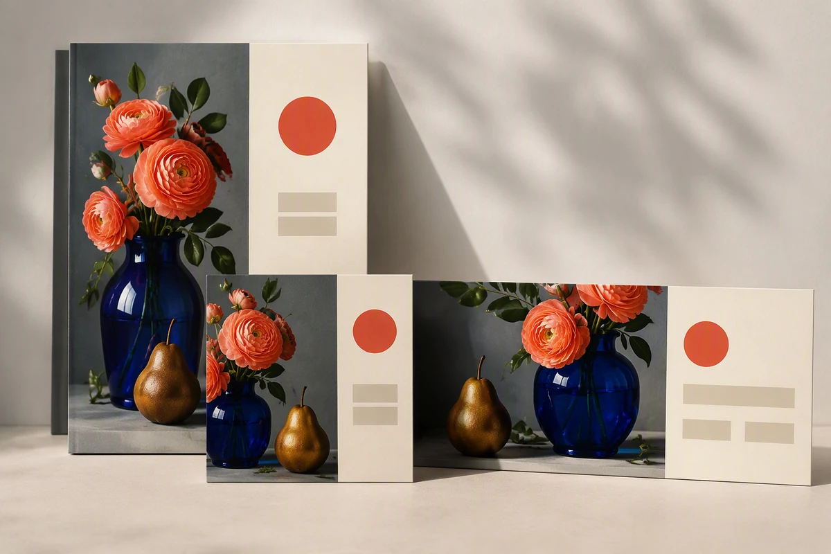 Coordinated poster, social card, and banner mockups use one consistent saturated floral still life.