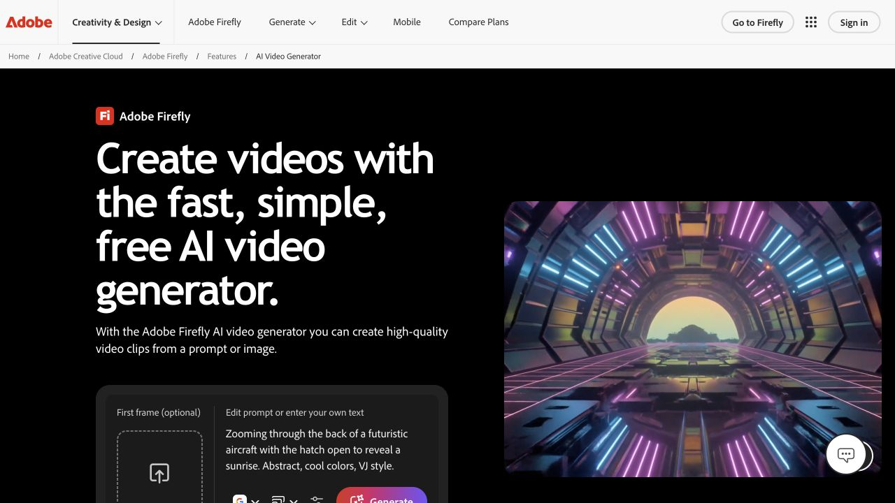 Adobe Firefly AI Video Generator page showing text and image-to-video creation