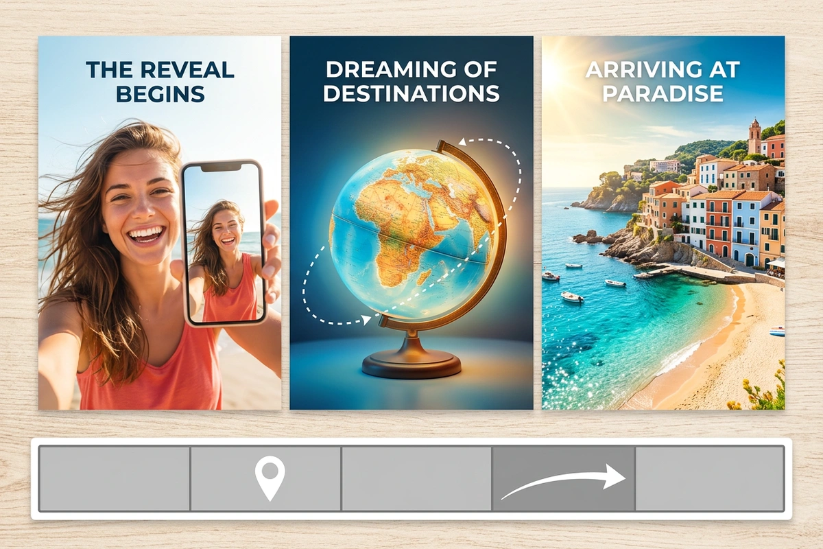 Traveler selfie transitioning through a globe to a sunny coastal destination
