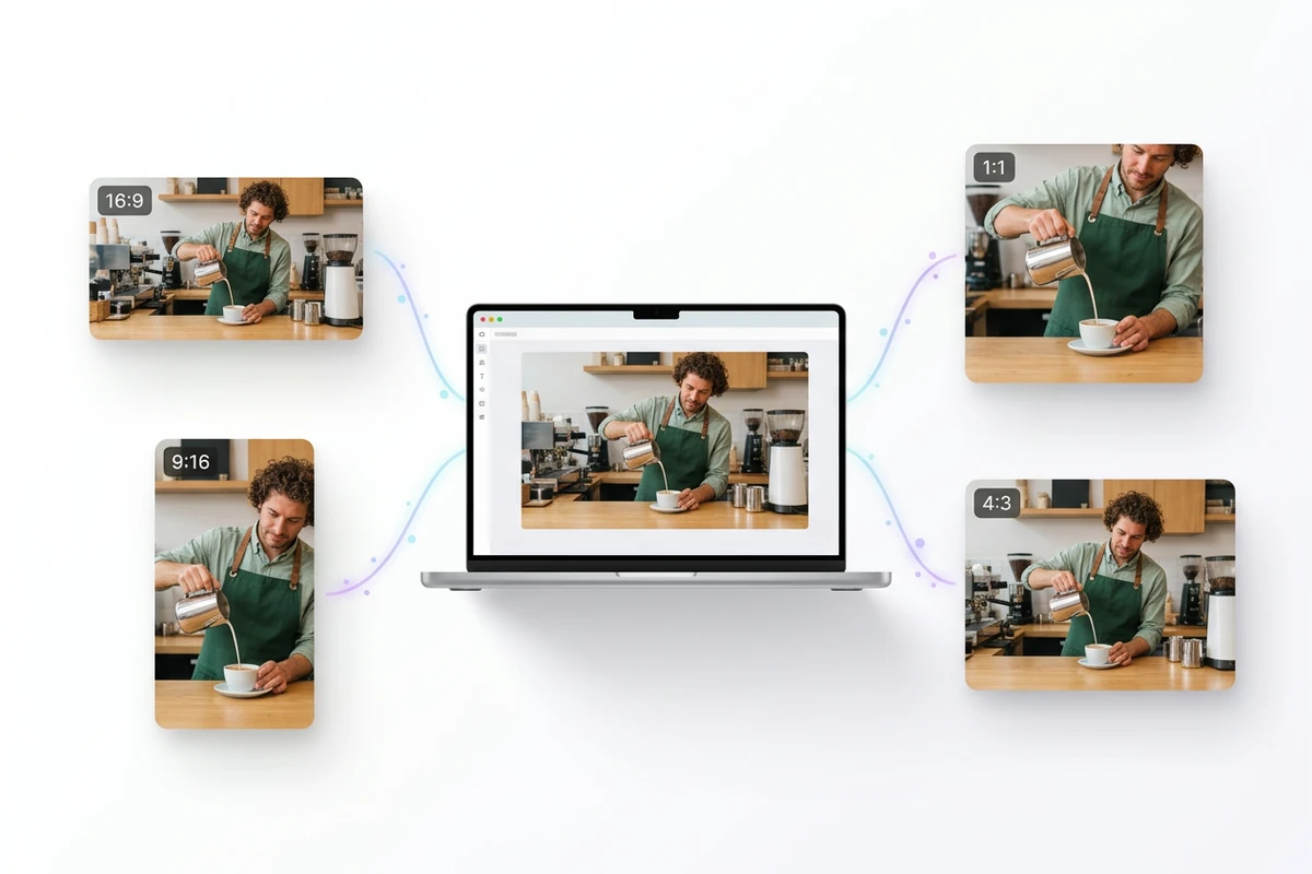 Illustrative view of a barista video on a laptop connected to four output aspect-ratio cards.