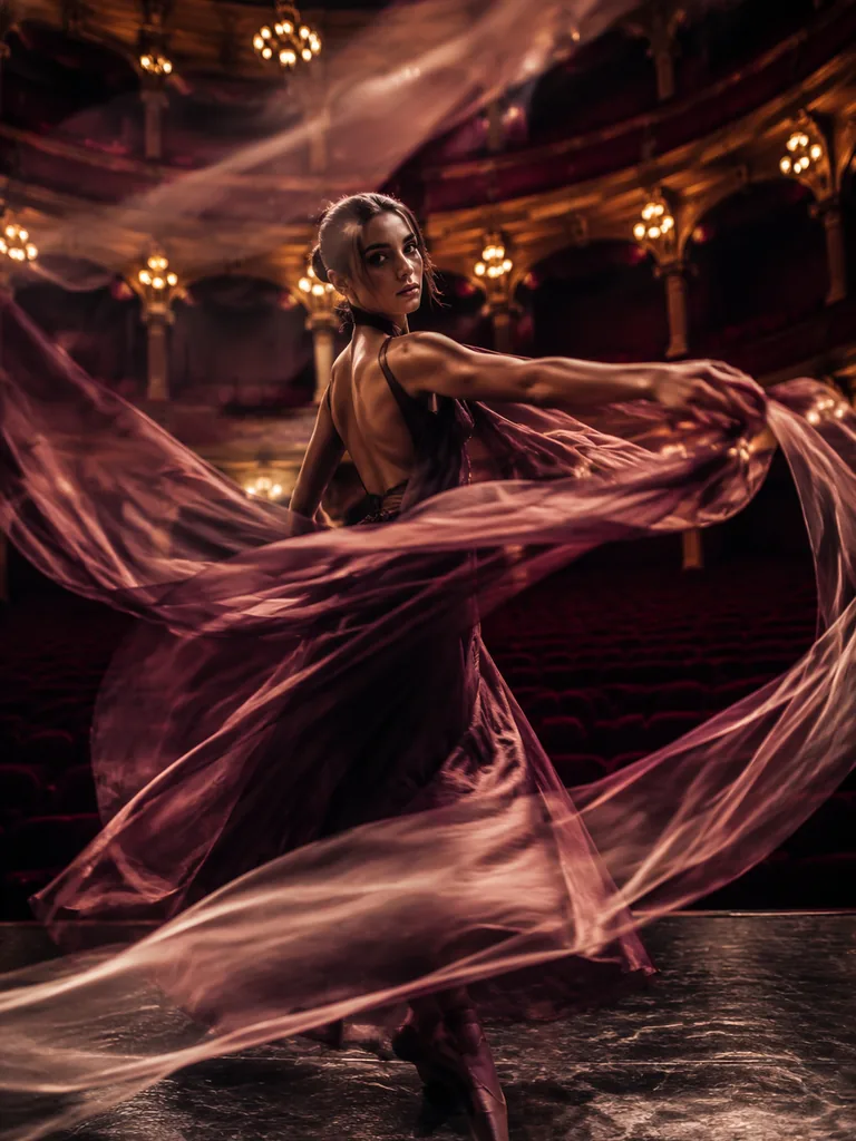 Ballerina moving through an empty theater with translucent long-exposure fabric trails