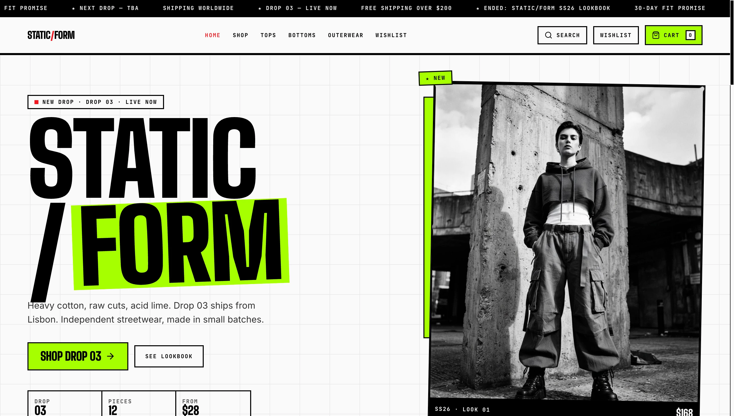 Static Form streetwear shop website with bold black typography and a monochrome fashion photograph