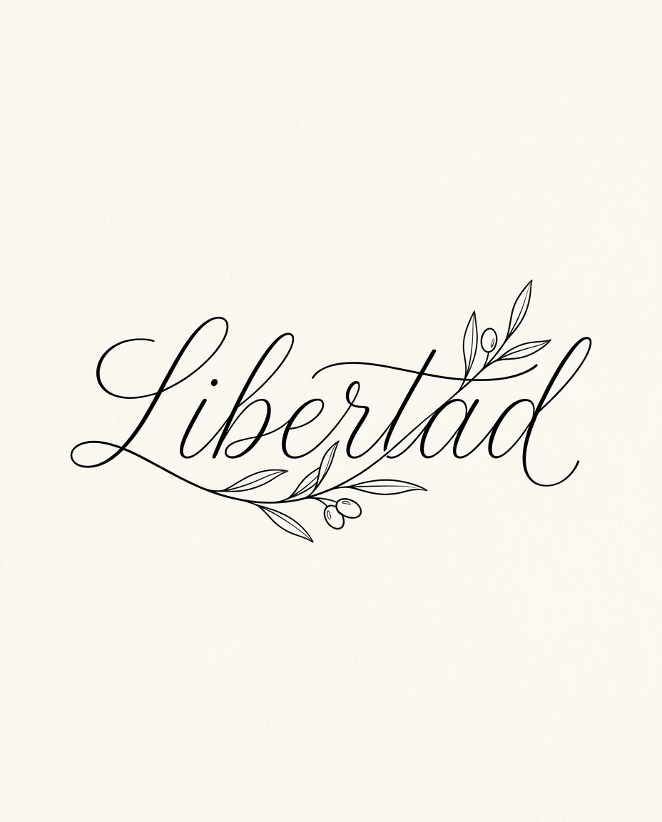Palabra Libertad en letra cursiva negra rodeada por ramas de olivo