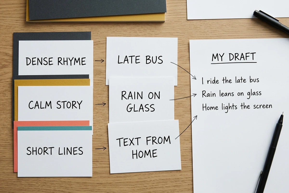 Craft-trait and personal-detail cards point to an original three-line first-person lyric draft.