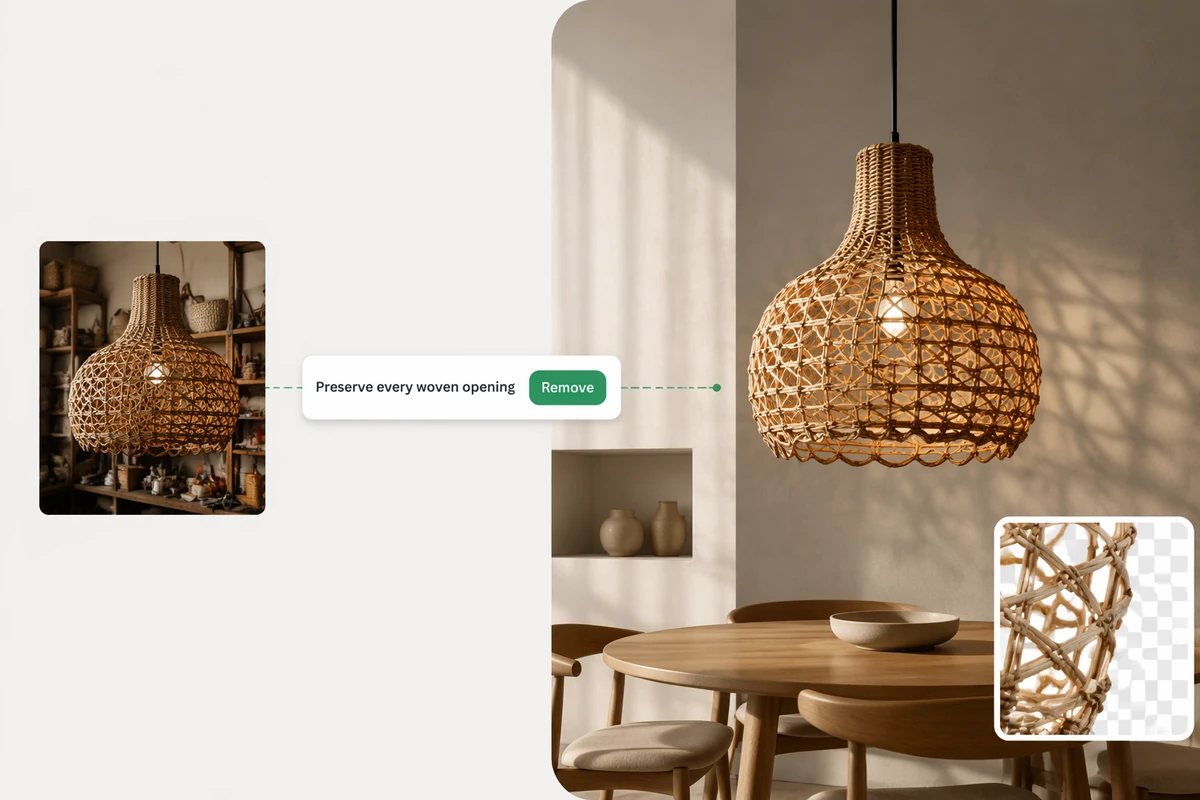 An intricate wicker lamp cut out and placed in a modern dining room