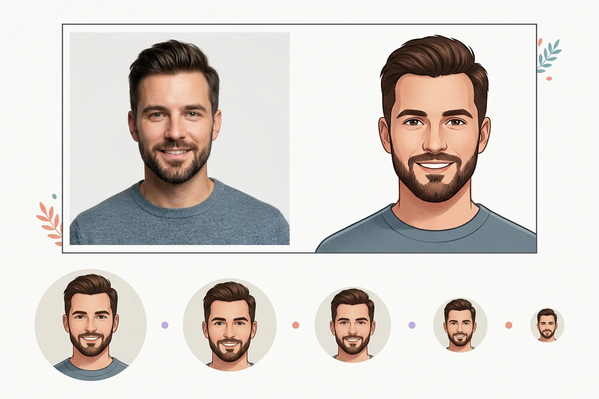 Bir kaynak portre ve ona benzeyen avatar, giderek küçülen dairesel kırpmalarda gösteriliyor.