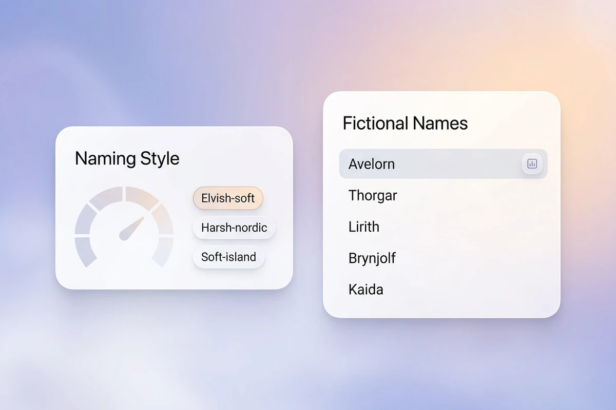 Sélecteur doux de styles et puces Elvish-soft, Harsh-nordic et Soft-island à côté d’une liste de noms fantastiques fictifs.