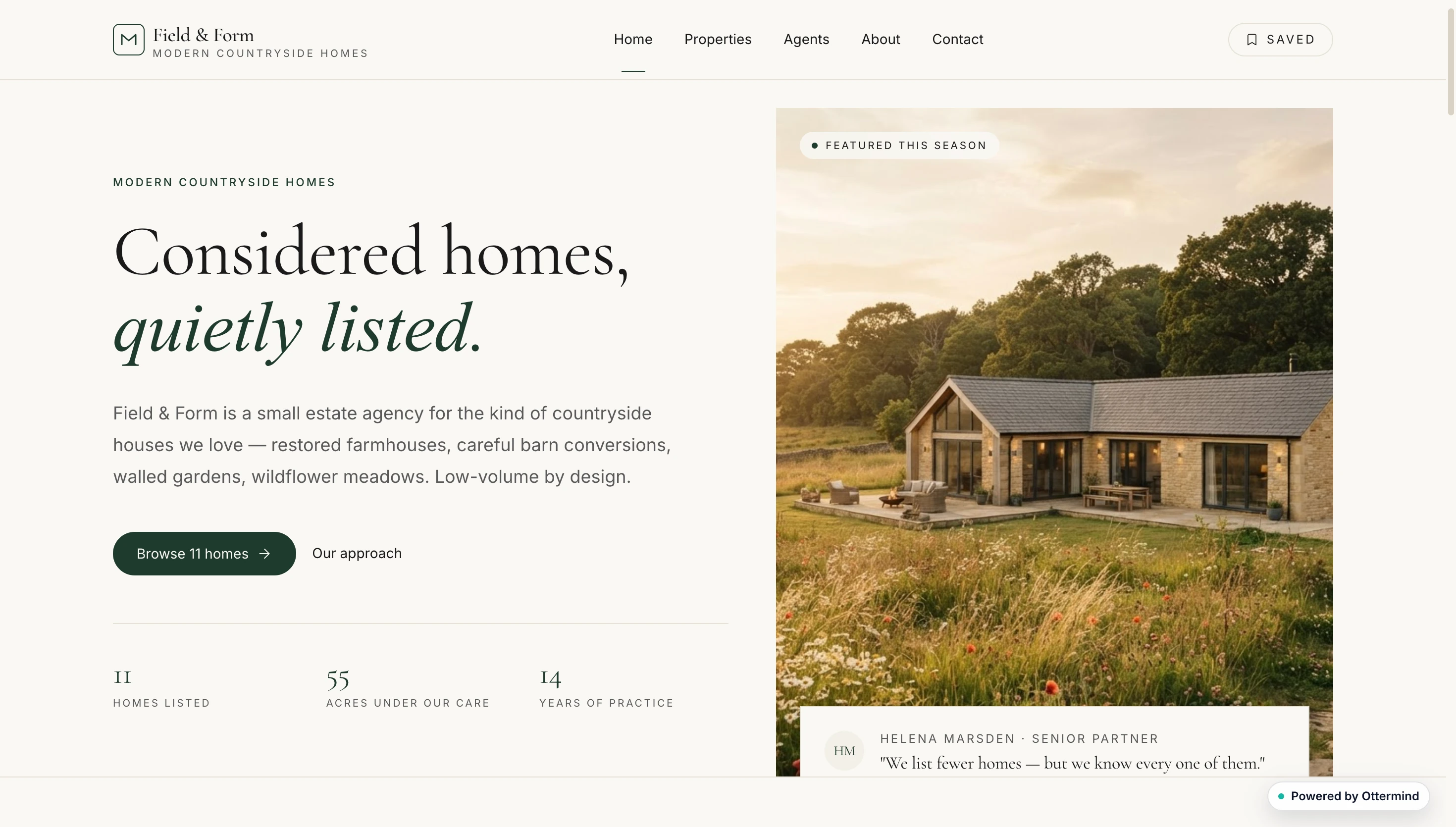 Field and Form countryside real estate website with a modern farmhouse photograph