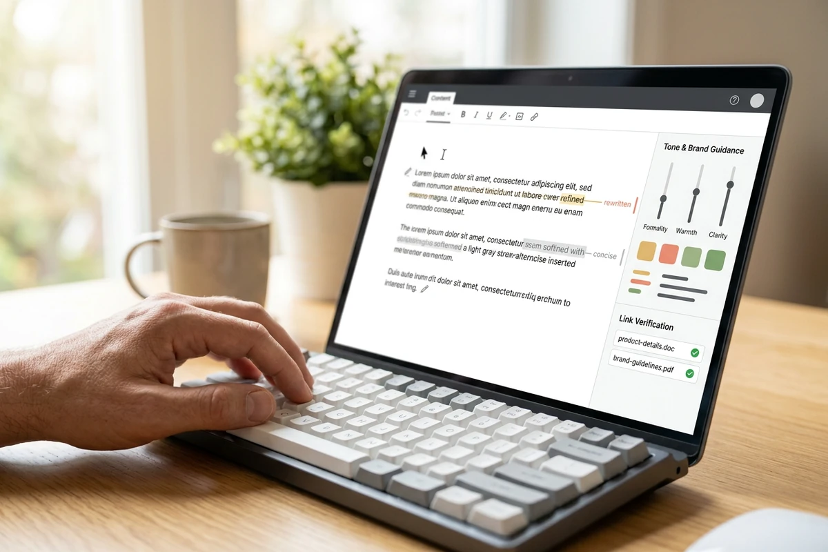 Human editor refining a description draft with tone guidance and verified links