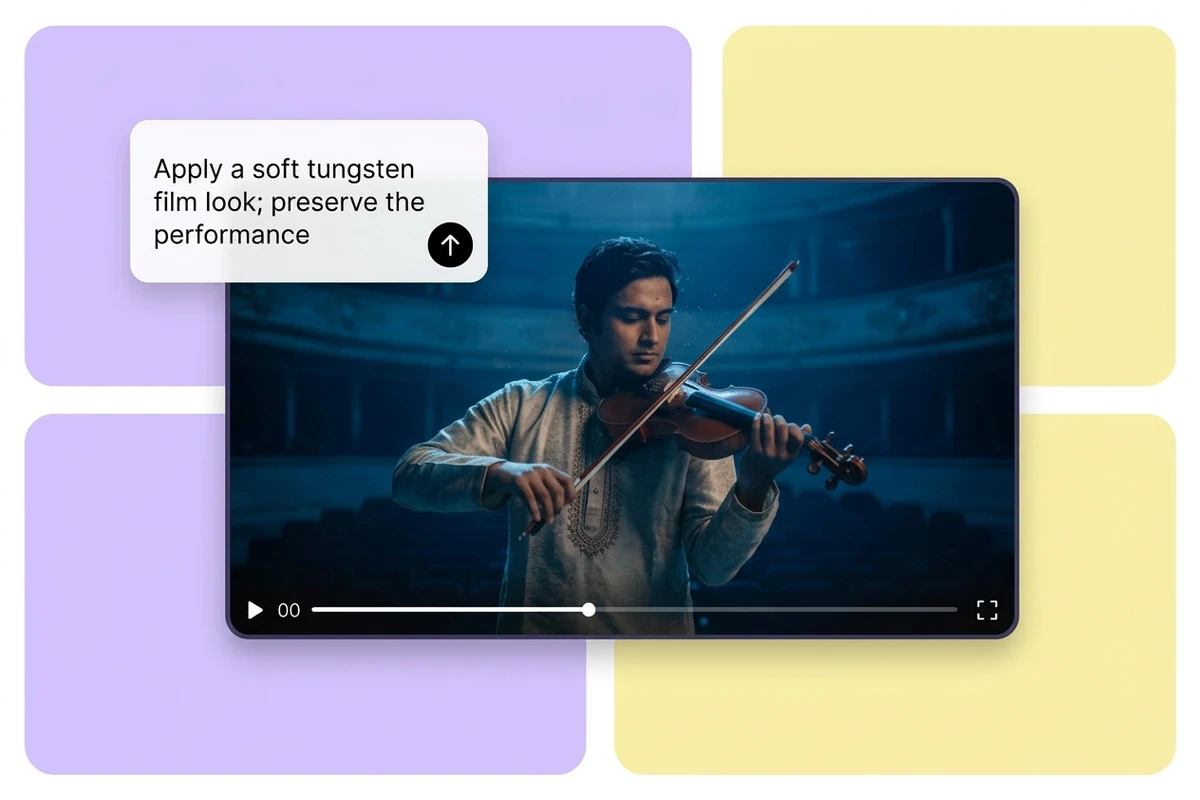 Illustrated violinist clip with a prompt requesting a soft tungsten film look while preserving the performance.
