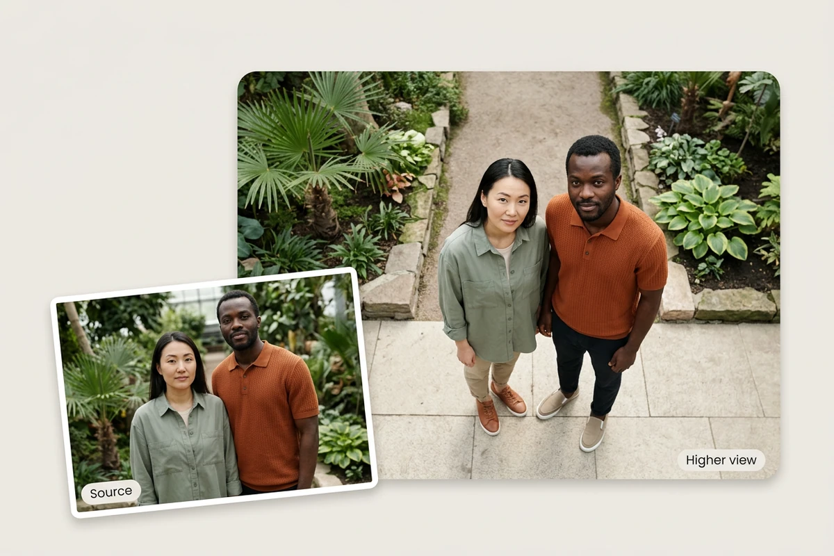 Illustrative comparison of two friends on a garden path at eye level and from a higher camera viewpoint.