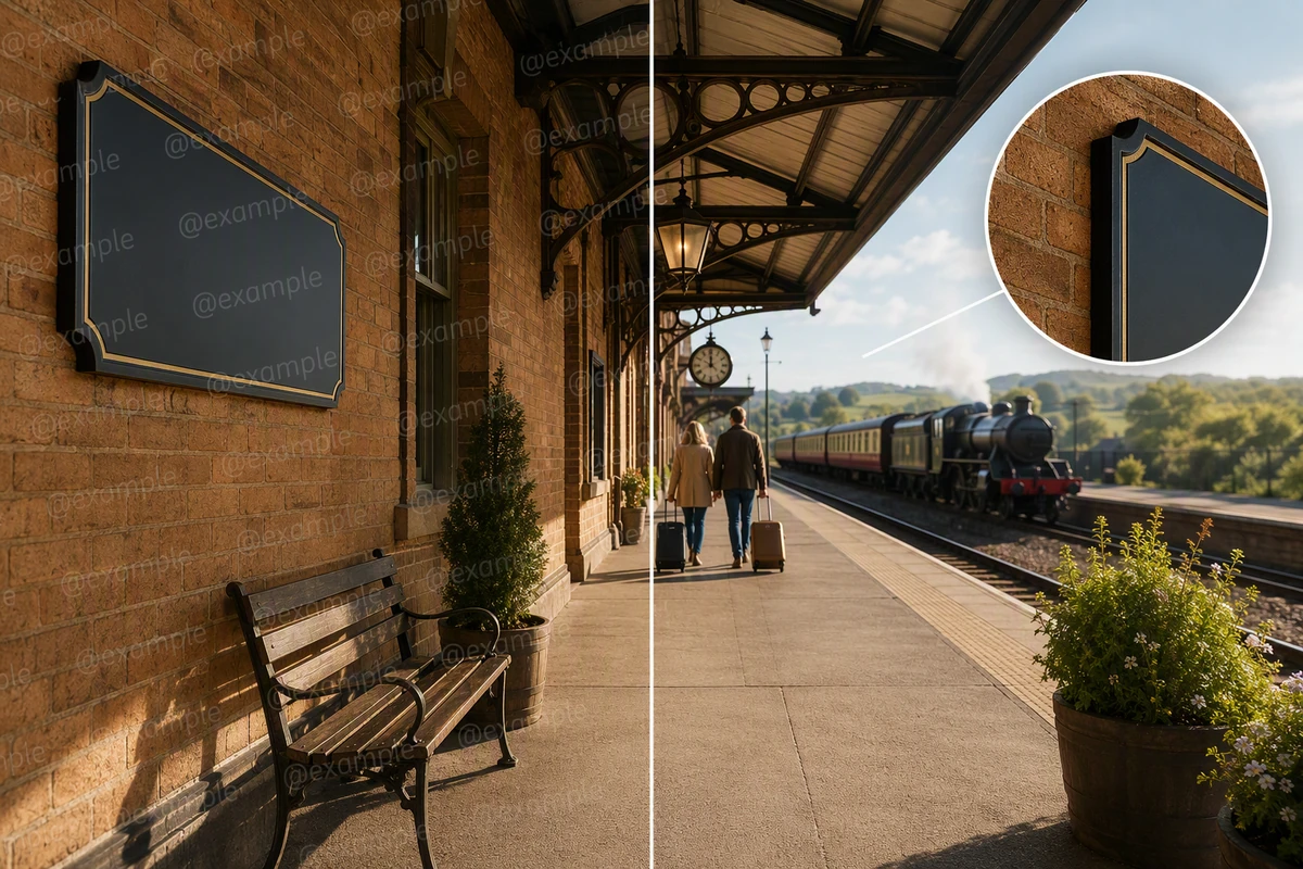 Before-and-after railway station photo with a detail magnifier showing restored brick and sign edges.