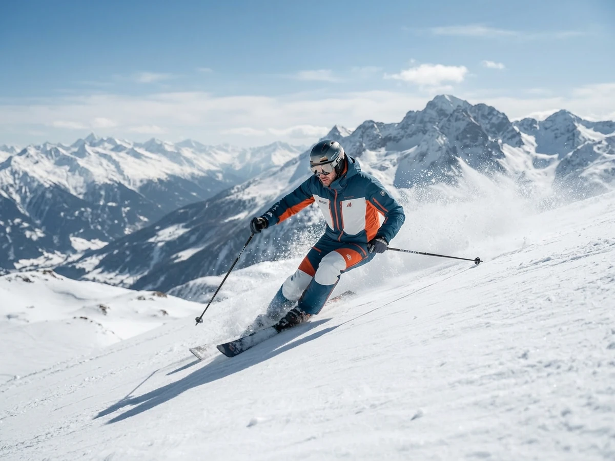 Sharp alpine skier turning on a snowy mountain slope