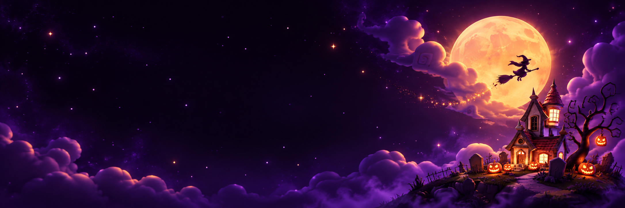 A witch flying toward a glowing Halloween moon