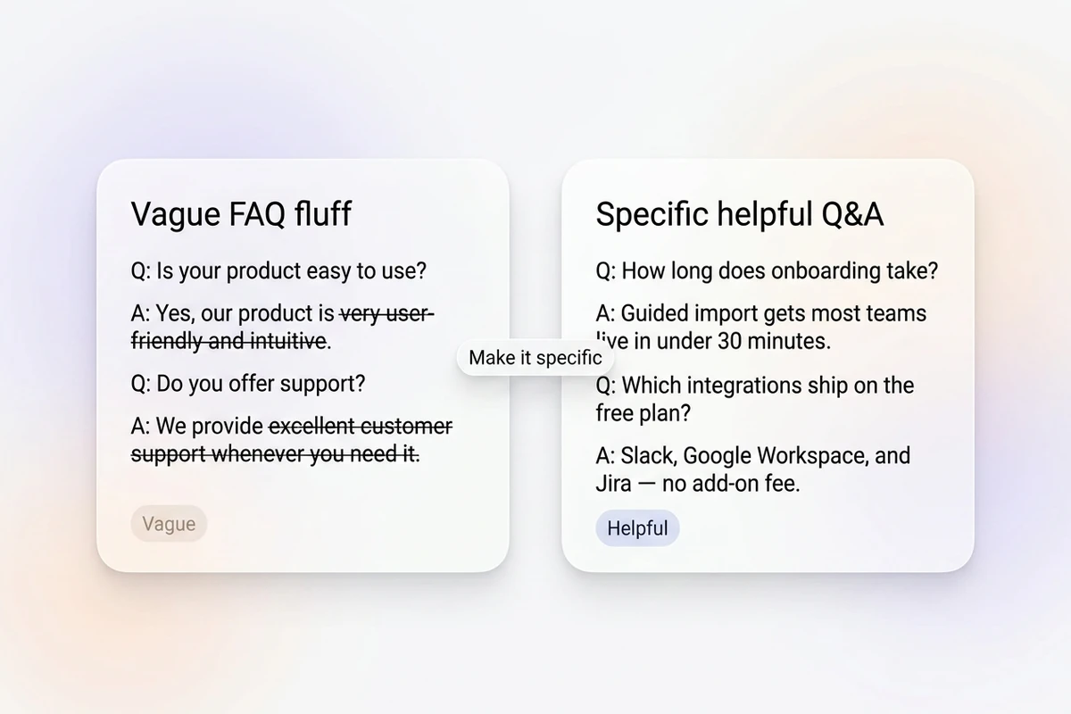 Split soft cards comparing struck-through vague FAQ fluff with specific helpful Q&A pairs.