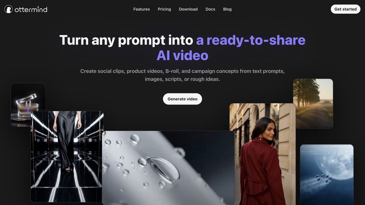 Ottermind AI Video Generator page showing its prompt-to-video workflow and primary action