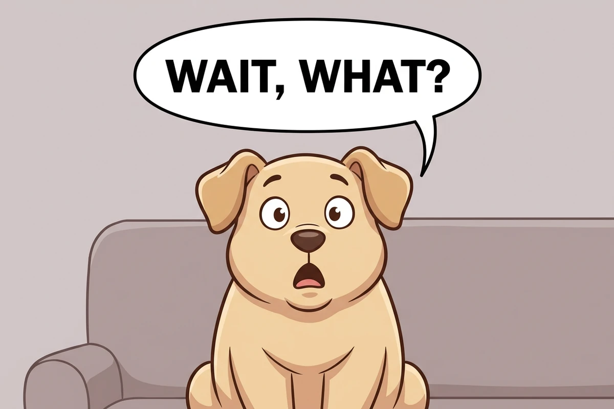 소파에서 놀란 표정의 동글동글한 강아지 카툰 일러스트와 WAIT, WHAT? 흰 말풍선.