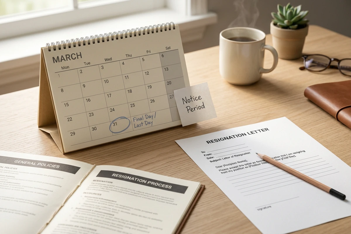 Schreibtischkalender mit markiertem letztem Arbeitstag, Sticky Note zur Kündigungsfrist und leerem Entwurf eines Kündigungsschreibens.